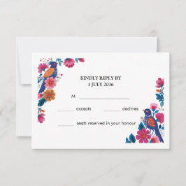 Kleurrijke Boho Folk Vogels en Bloemen Bruiloft RSVP Kaartje