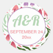 Kleurrijke boho folklore bloemen rond lijst bruilo ronde sticker (Voorkant)