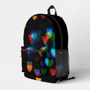 Kleurrijke Bokeh Heart Lights op zwart Bedrukte Rugzak