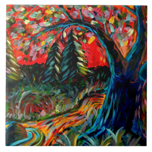 Kleurrijke bomen en rivierschilderijen tegeltje