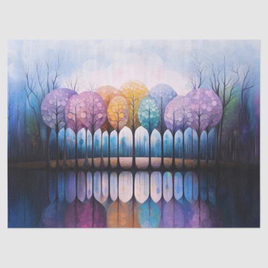 Kleurrijke Bomen Rustige Water Reflectie Decoupage Tissuepapier (Voorkant)