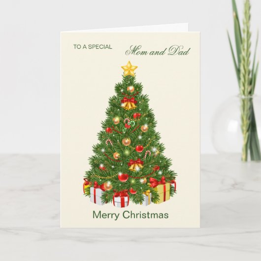 Kleurrijke boom met cadeaus Mam en Pap Kerstmis Feestdagen Kaart (Voorkant)