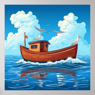 Kleurrijke boot drijvend op oceaan golven poster