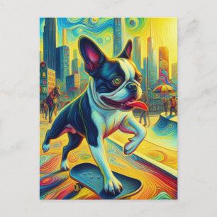 Kleurrijke Boston Terrier Skateboarden Surrealisti Briefkaart