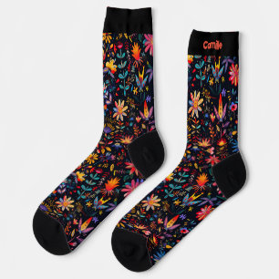 Kleurrijke Botanische Kunst Midnight Naam Custom Sokken