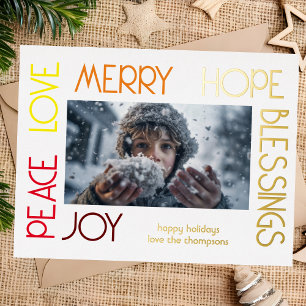 Kleurrijke brieven vreugde vrolijke vrede zegening folie feestdagen briefkaart