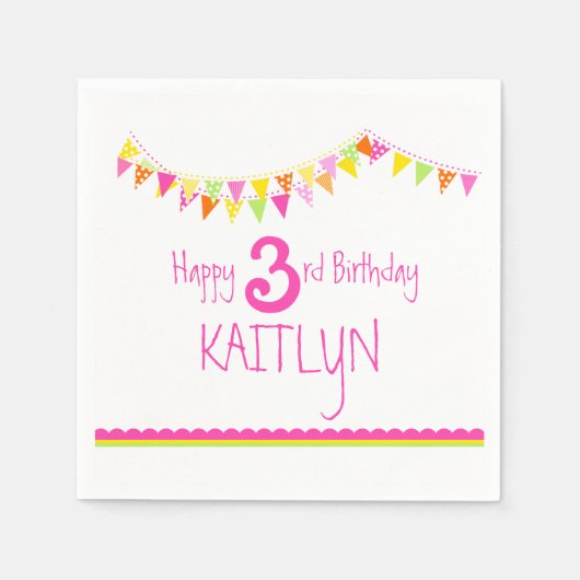 Kleurrijke bunting kinder 3e verjaardag aangepaste servetten (Voorkant)