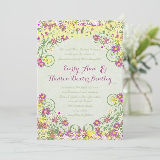 Kleurrijke Bunting Pennant Swirly Floral Bruiloft Kaart (Staand voorkant)