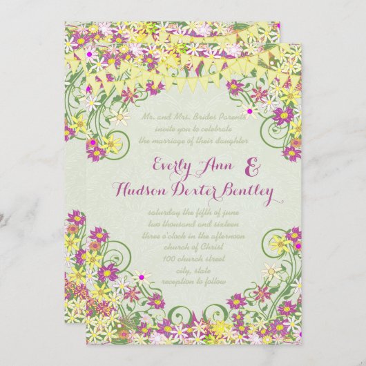 Kleurrijke Bunting Pennant Swirly Floral Bruiloft Kaart (Voorkant / Achterkant)