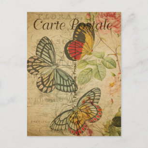 kleurrijke Butterflies roze Roses Frans Briefkaart