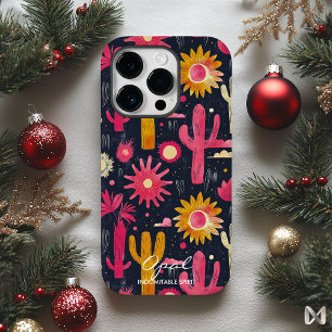 Kleurrijke Cactus en Bloemmotief met Naamcitaat Case-Mate iPhone 14 Pro Hoesje
