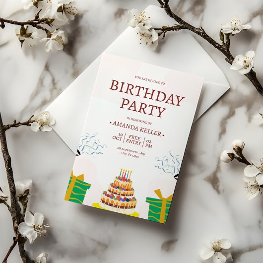Kleurrijke Cake verjaardagsfeestje uitnodiging