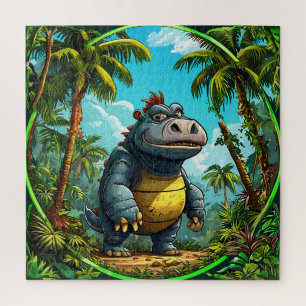Kleurrijke Cartoon Dinosaur in Tropisch Oerwoud Legpuzzel