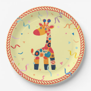 Kleurrijke Cartoon Giraffe met Confetti Papieren Bordje