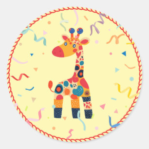 Kleurrijke Cartoon Giraffe met Confetti Ronde Sticker