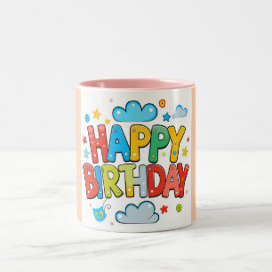 Kleurrijke Cartoon Happy Birthday met Clouds & Sta Tweekleurige Koffiemok