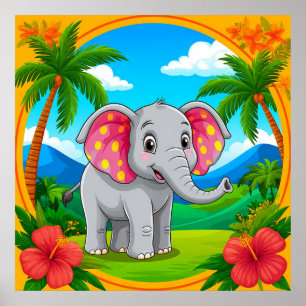Kleurrijke Cartoon Olifant in Tropisch Landschap Poster