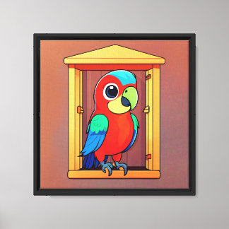 Kleurrijke Cartoon Papegaai in Vogelhuisje Canvas Afdruk