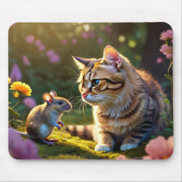 Kleurrijke Cat & Mouse met Bloemen Muismat