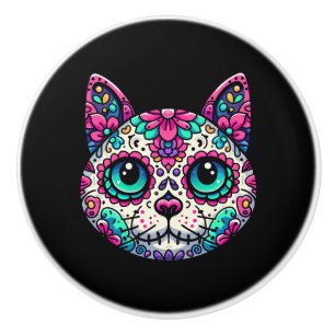 Kleurrijke Cat Sugar Skull Keramische Knop