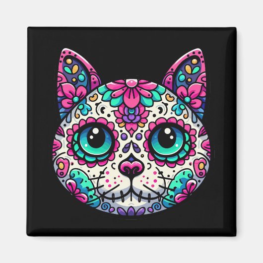 Kleurrijke Cat Sugar Skull Magneet (Voorkant)