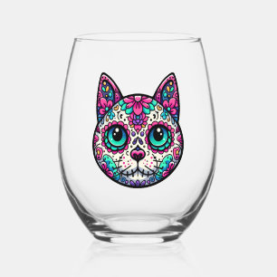 Kleurrijke Cat Sugar Skull Wijnglas Zonder Voet