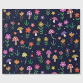 Kleurrijke champignons met grillige bloemen patroo cadeaupapier (Vlak)