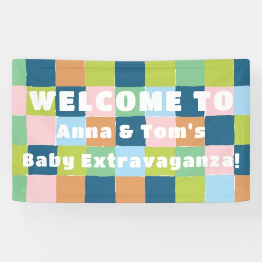 Kleurrijke Checkers blokpatroon Baby shower Spandoek (Horizontaal)