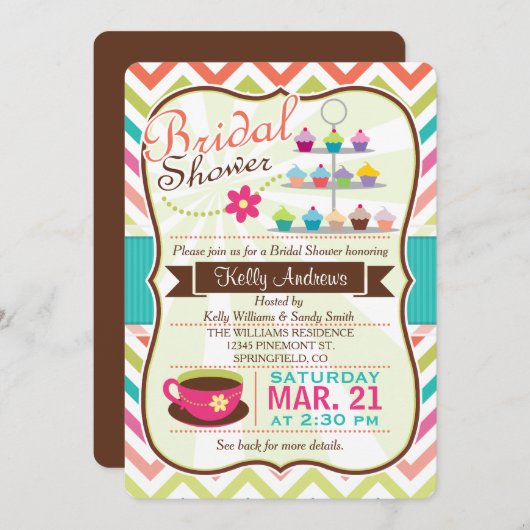 Kleurrijke Chevron Cupcake, Tea Vrijgezellenfeest Kaart (Voorkant / Achterkant)