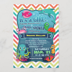 Kleurrijke Chevron Zee Life, Meisje Baby shower Kaart