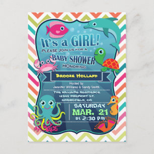Kleurrijke Chevron Zee Life, Meisje Baby shower Uitnodiging Briefkaart