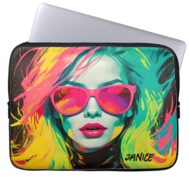 Kleurrijke Chic Pop Art Vrouw Roze Zonnebril Laptop Sleeve