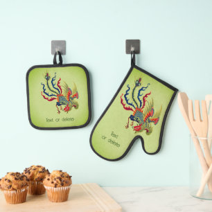 Kleurrijke Chinese haan kunst gepersonaliseerd Ovenwant & Pannenlap Set