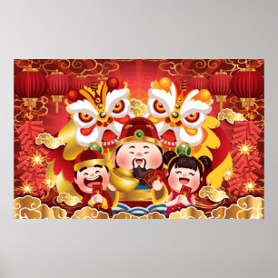 Kleurrijke Chinese nieuwjaarsdraken en -mensen Poster