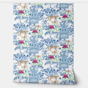 Kleurrijke Chinoiserie Leopard Pagode Willow Tree Behang