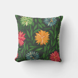 Kleurrijke Chrysanten en Groen Bladerpatroon Kussen