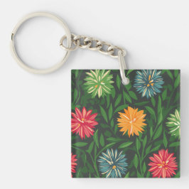 Kleurrijke Chrysanten en Groen Bladerpatroon Sleutelhanger