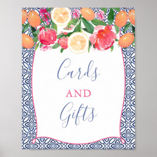 Kleurrijke citrus bloemmotieven blauwe tegels kaar poster