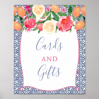 Kleurrijke citrus bloemmotieven blauwe tegels kaar poster