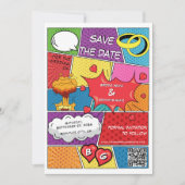 Kleurrijke Comic Book Pop Art Bruiloft QR Code Save The Date (Voorkant)