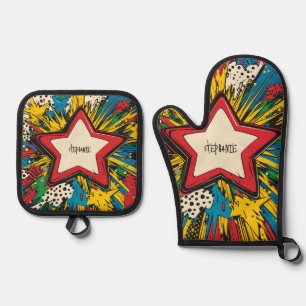 Kleurrijke Comic Pop Art Starburst Explosion Ovenwant & Pannenlap Set