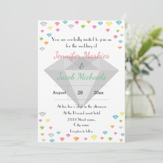 Kleurrijke Confetti & Diamond bruiloft uitnodiging (Staand voorkant)