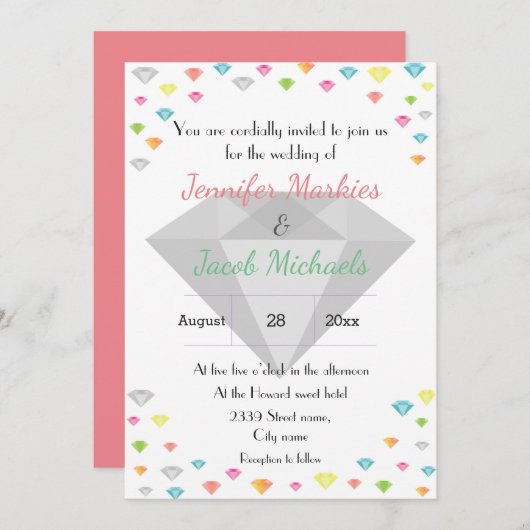 Kleurrijke Confetti & Diamond bruiloft uitnodiging (Voorkant / Achterkant)