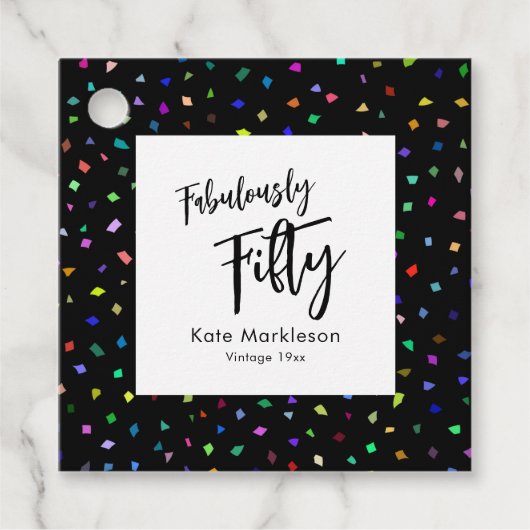 Kleurrijke Confetti - Fabulair vijftig zwart-wit Bedankjes Labels (Voorkant)