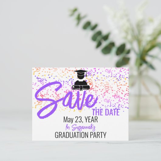 Kleurrijke Confetti Graduparty sparen Datum A Aankondigingskaart (Staand voorkant)