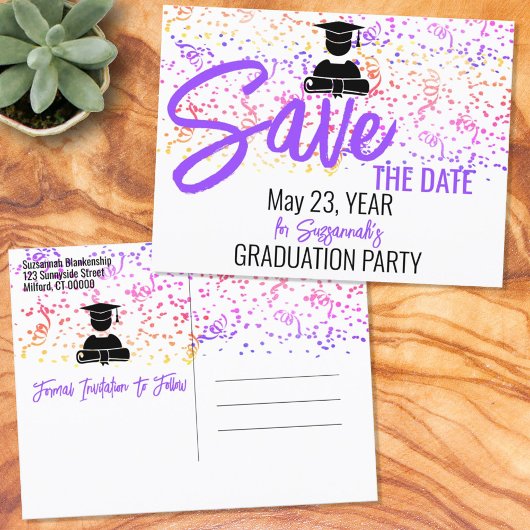 Kleurrijke Confetti Graduparty sparen Datum A Aankondigingskaart