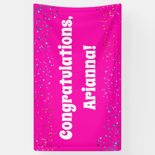 Kleurrijke Confetti op Hot Pink Gefeliciteerd Spandoek (Verticaal)