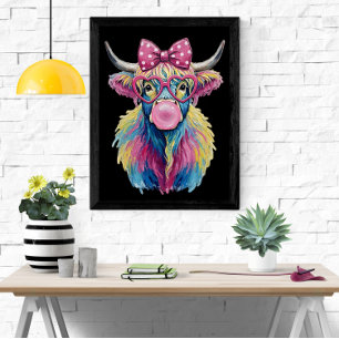 Kleurrijke Coquette Highland Koe met bril en boog Poster