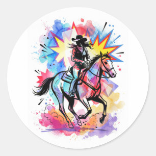 Kleurrijke Cowgirl Paard Watercolor Pop Art Ronde Sticker