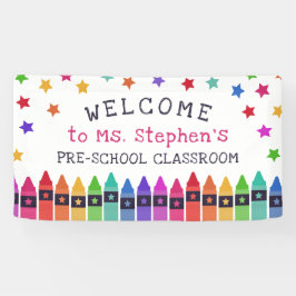 Kleurrijke Crayons Stars Welkom Leraar's Classroom Spandoek
